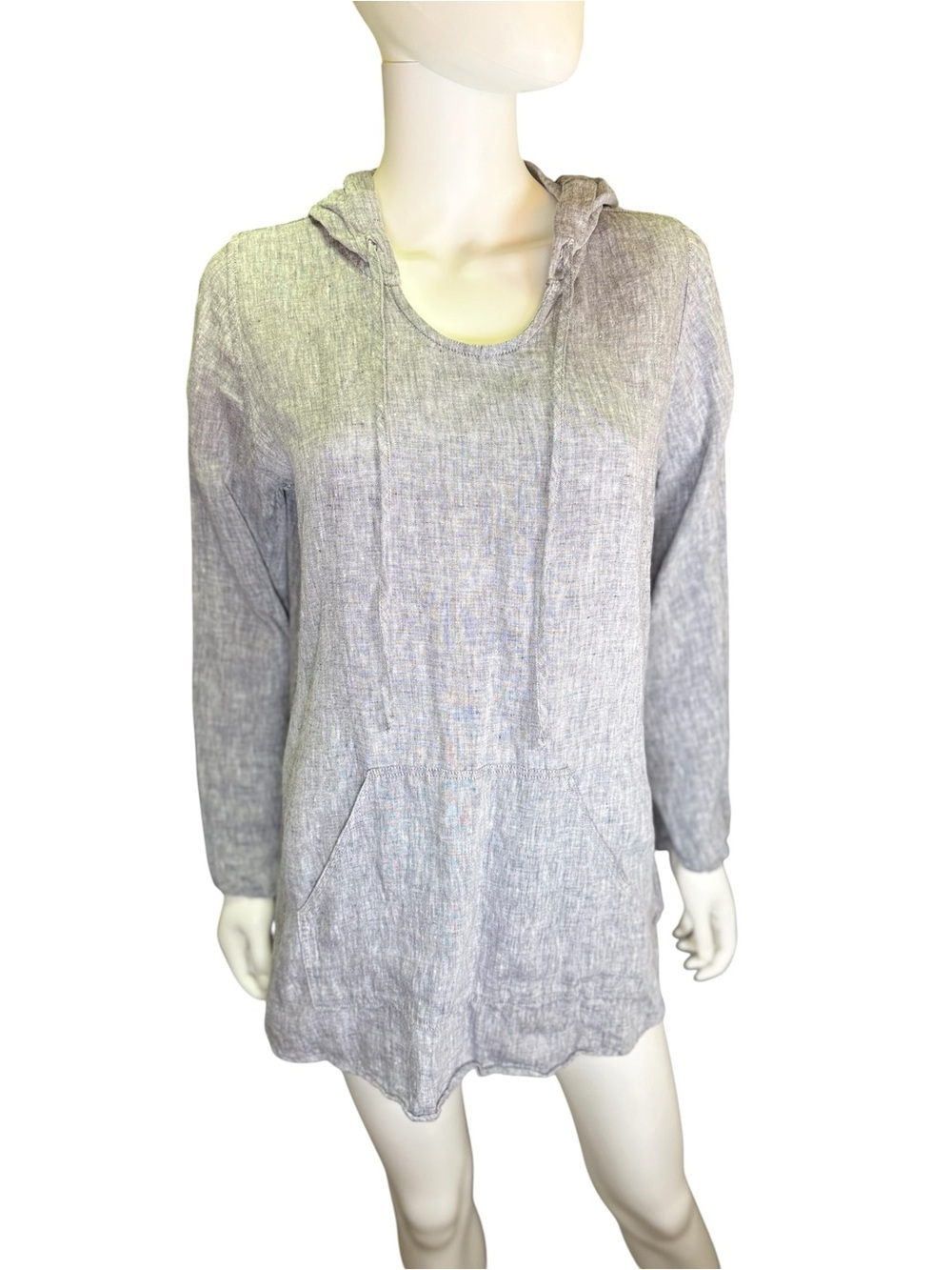Mary Claret Women's Light Gray Hooded Linen Tunic Sweatshirt with Front Pocket